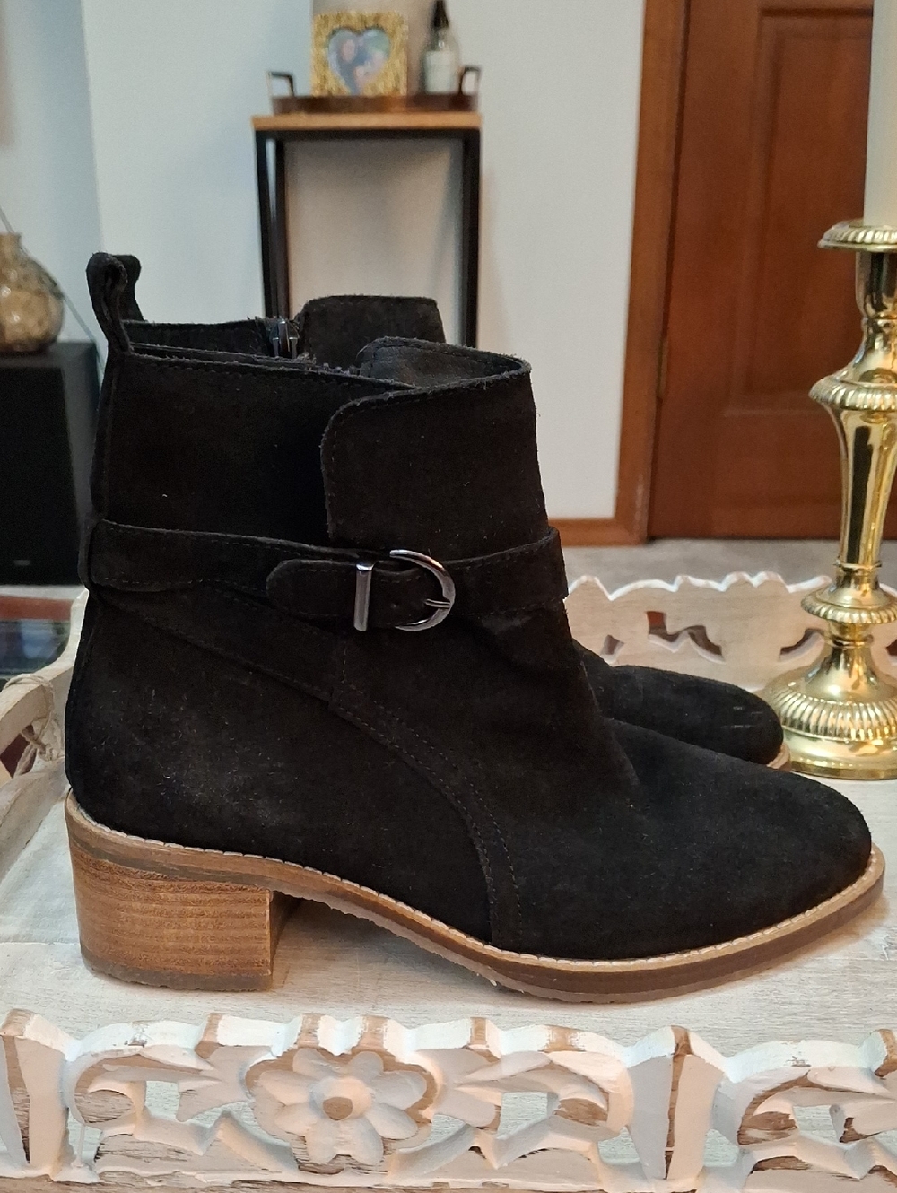 Vintage Foundry Co.Artemisia Black Suede Ankle Boots with Buckle Detail Size 8.5